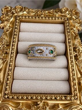 Anthropologie Two-Tone Band Ring with Emerald Accents
